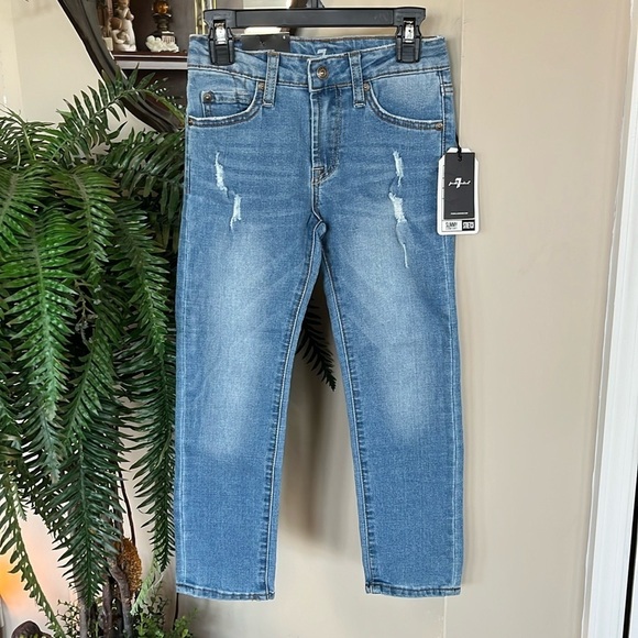 Brand New 7 For All Mankind Flex Stretch Slim Straight Leg Distressed Blue Jeans - Picture 1 of 15